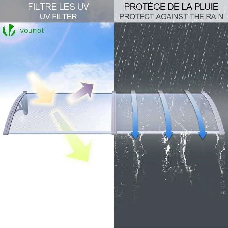 Auvent de porte marquise 200x80 cm transparent en Polycarbonate anti UV Gris