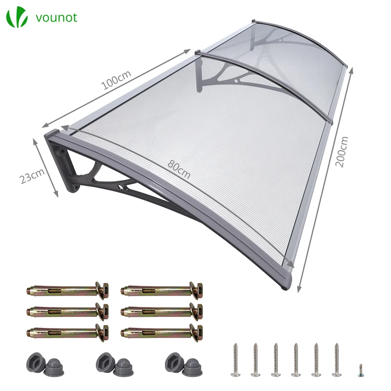 Auvent de porte marquise 200x80 cm transparent en Polycarbonate anti UV Gris