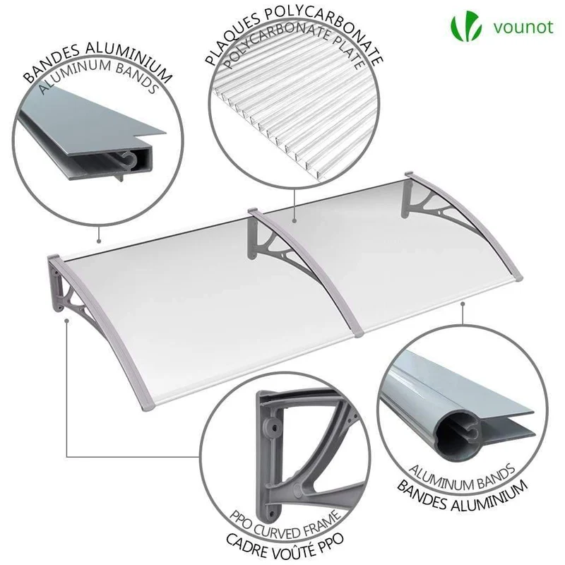 Auvent de porte marquise 200x80 cm transparent en Polycarbonate anti UV Gris