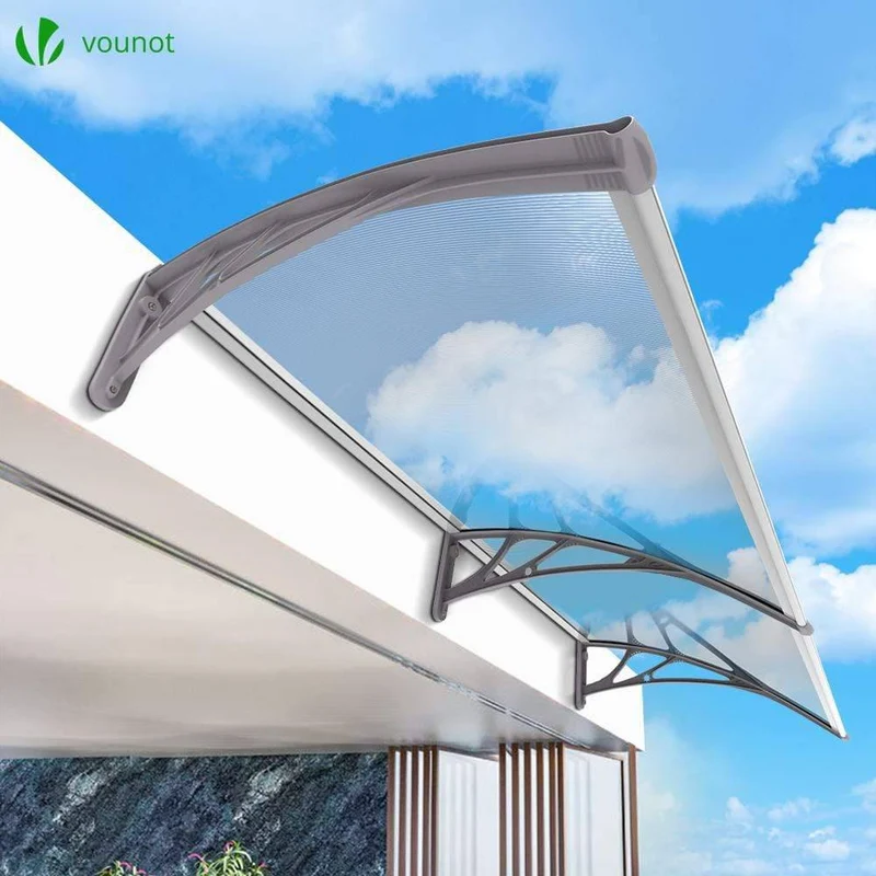 Auvent de porte marquise 200x80 cm transparent en Polycarbonate anti UV Gris