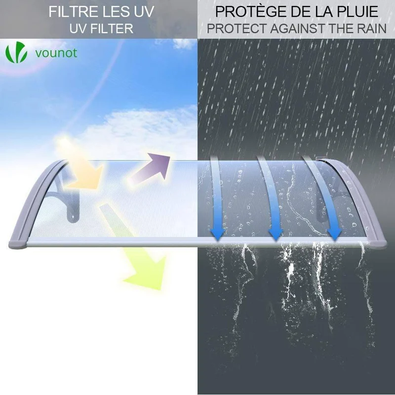 Auvent de porte marquise 100x80 cm transparent en Polycarbonate anti UV Gris