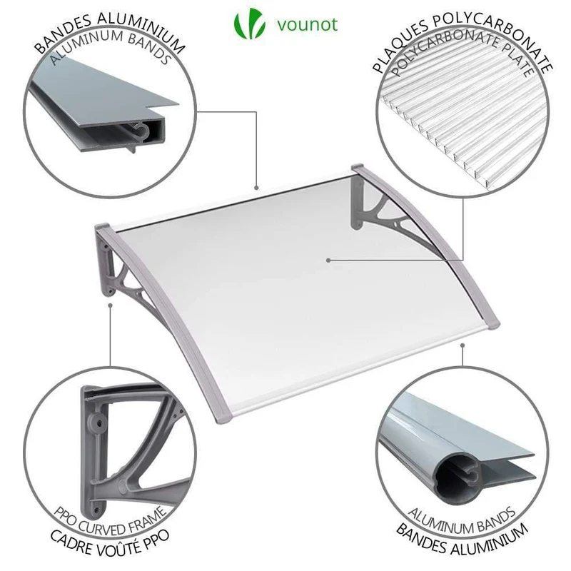 Auvent de porte marquise 100x80 cm transparent en Polycarbonate anti UV Gris