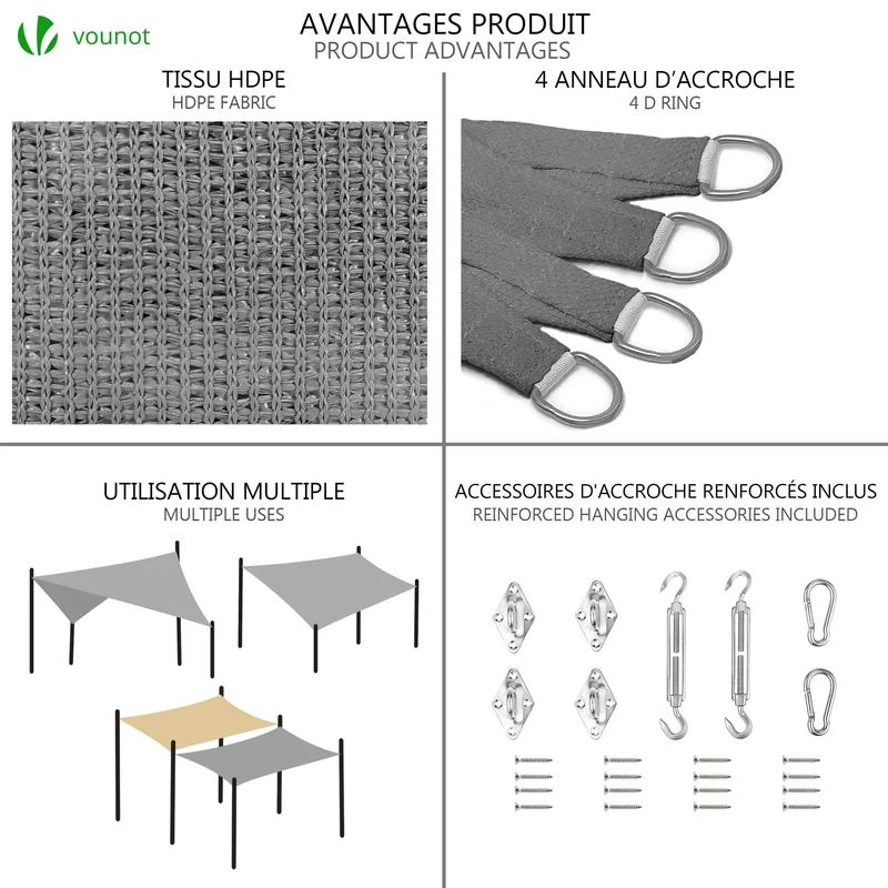 Voile d'ombrage rectangulaire avec 24pcs kit de fixation