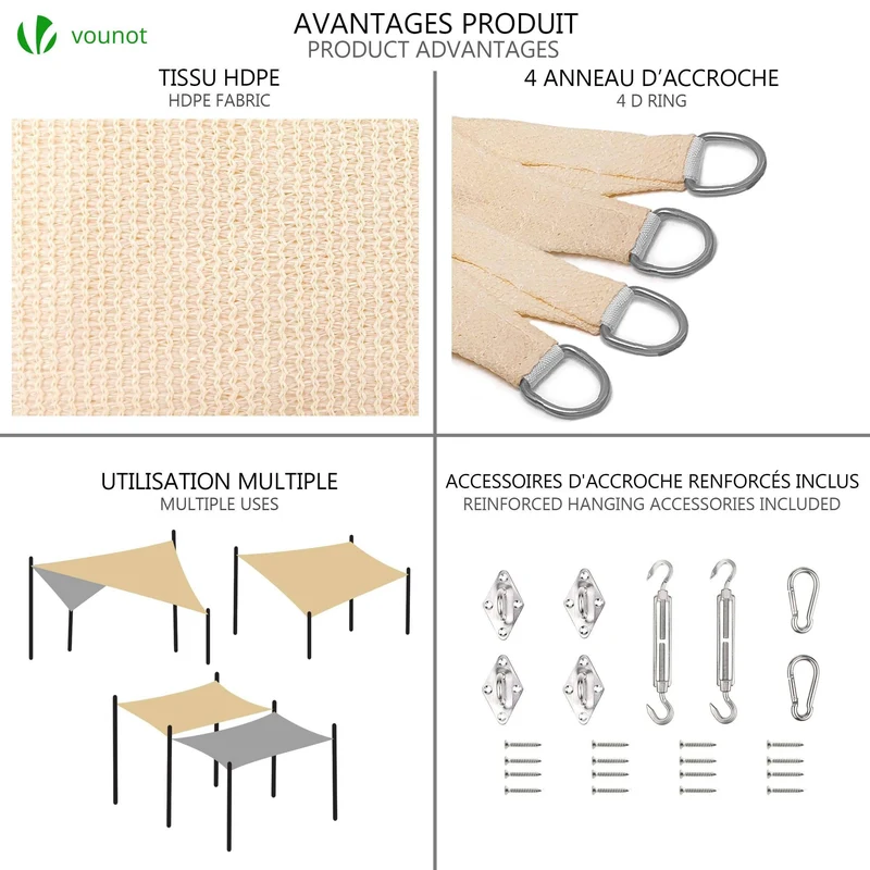 Voile d'ombrage rectangulaire avec 24pcs kit de fixation