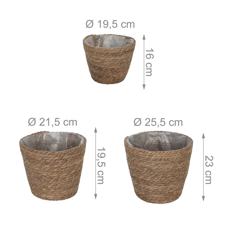 Lot de 3 pots de fleurs ronds idéal pour intérieur champêtre design naturel 23 x 25,5 cm en roseau beige 13_0017715
