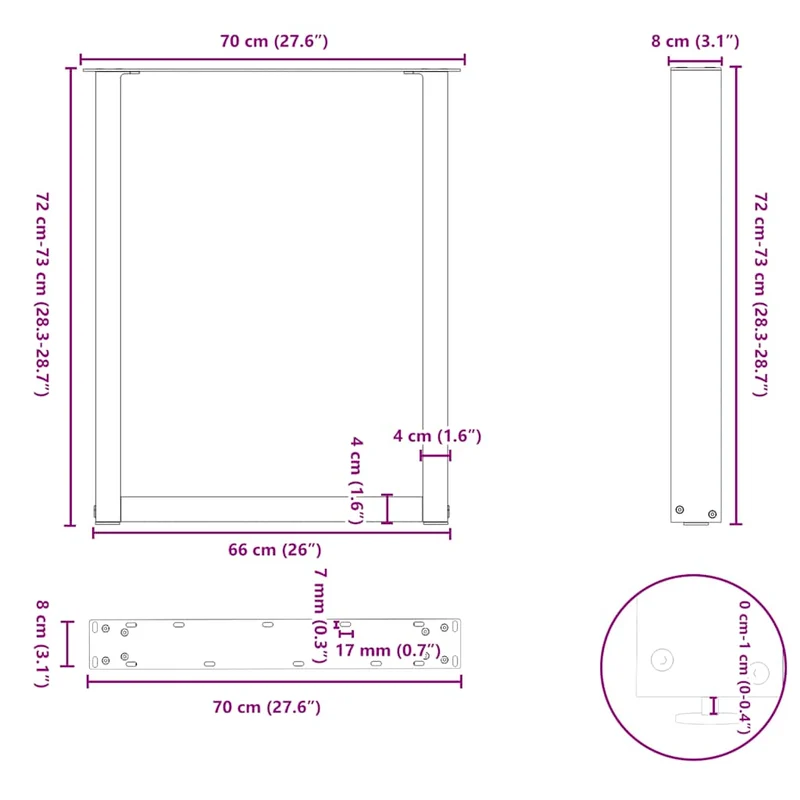 Lot de 3 pieds de table à manger en U réglables 70 x 73 cm aspect moderne salon en acier anthracite 02_0057442