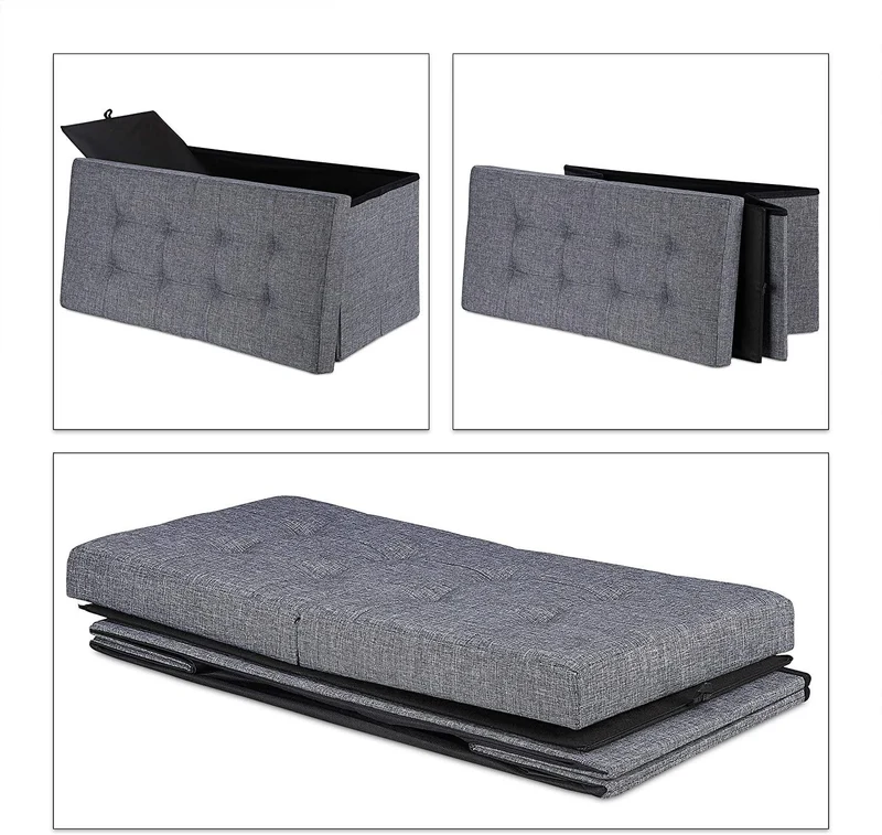 Banquette avec espace de rangement pliable rembourré couvercle rabattable gris 13_0000373