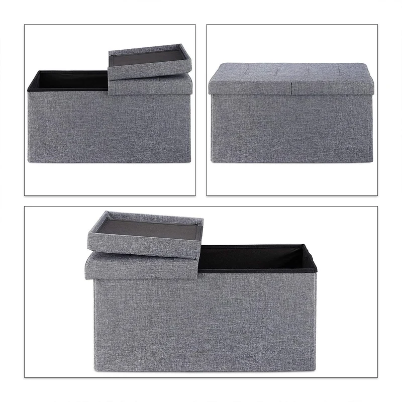 Banquette avec espace de rangement pliable rembourré couvercle rabattable gris 13_0000373