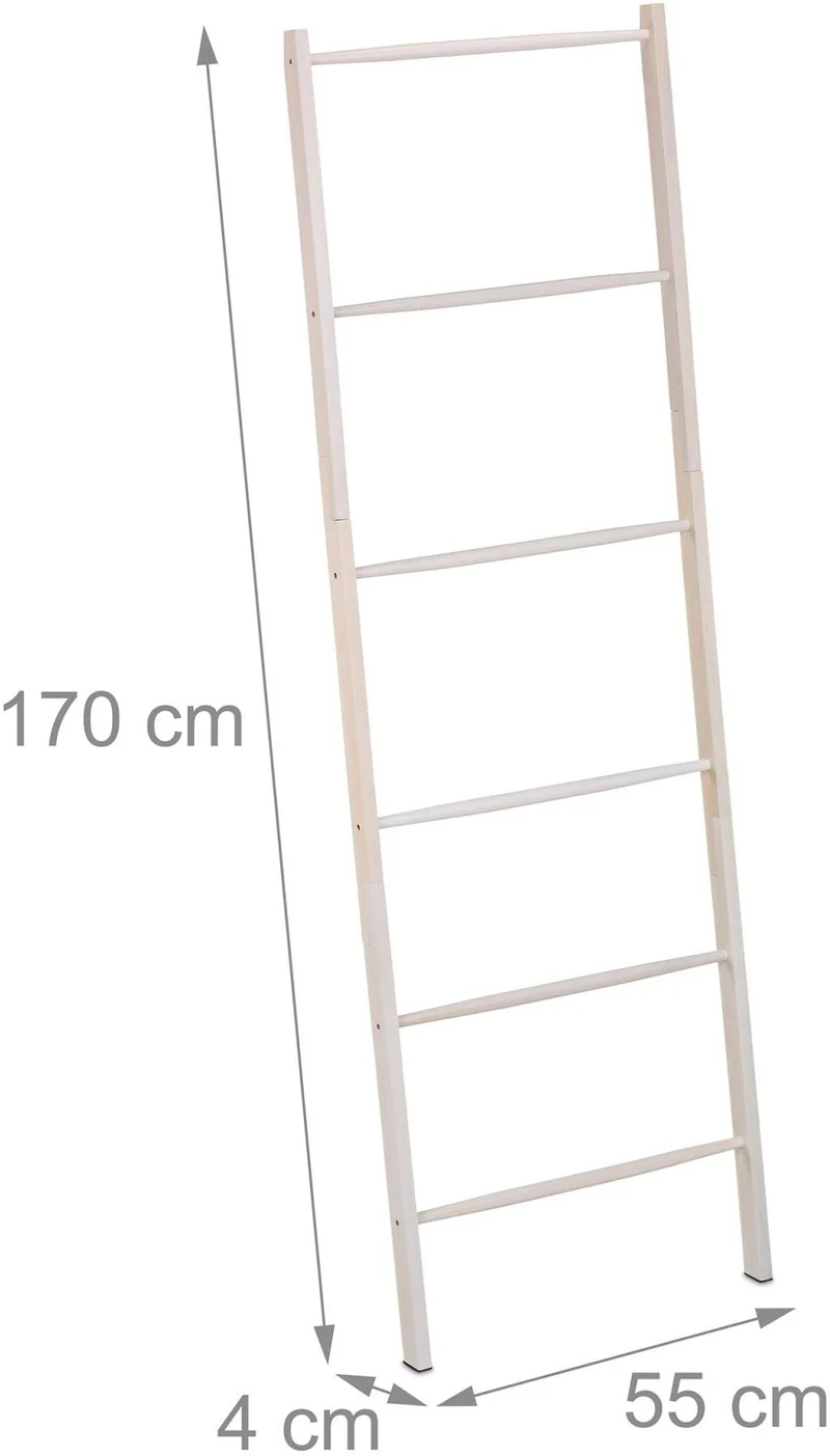Échelle porte-serviettes design rustique salle de bain 170 x 55 x 4 cm en bois blanc 13_0018503