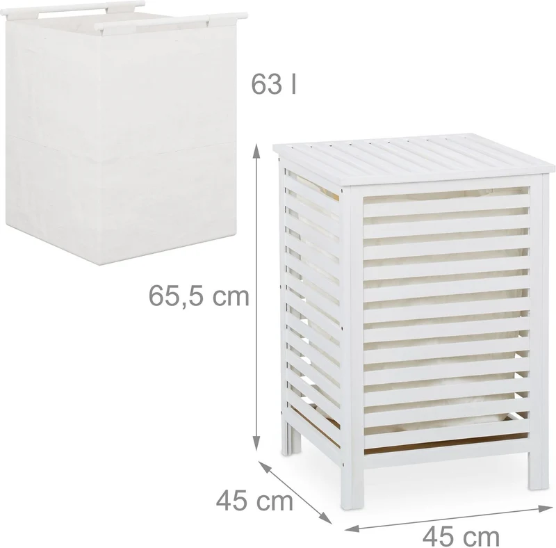 Coffre à linge moderne avec sac amovible 65,5 x 45 x 45 cm design salle de bain chambre en bois blanc 13_0018501