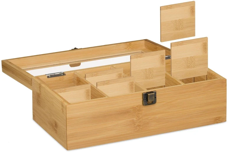 Boîte à thé avec 10 compartiments amovibles rangement cuisine 10 x 29,5 x 17 cm en bambou naturel 13_0018498