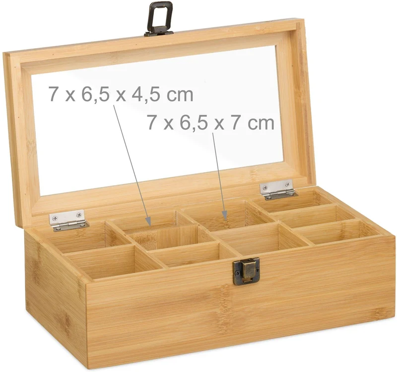 Boîte à thé avec 10 compartiments amovibles rangement cuisine 10 x 29,5 x 17 cm en bambou naturel 13_0018498