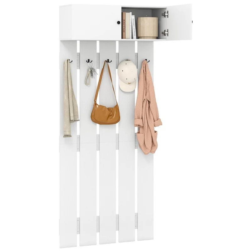 Porte-manteau mural 90 x 33 x 210 cm 5 crochets métalliques designs pratiques en bois blanc 20_0018579