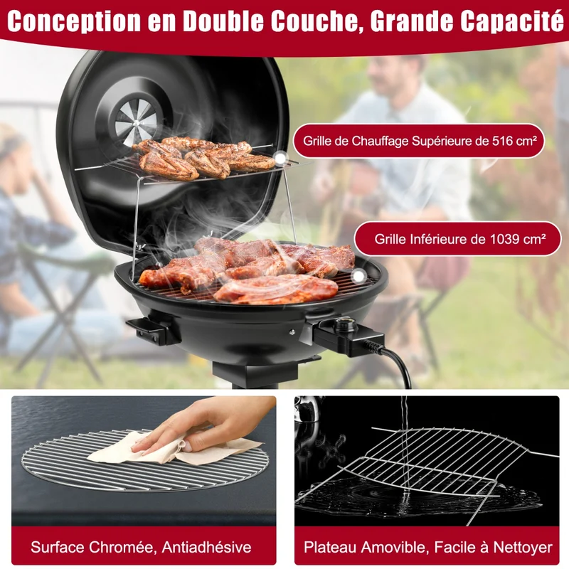 Grill électrique barbecue portable 52 x 44,5 x 82,5 cm 1600 W facile à nettoyer en métal noir 20_0019030