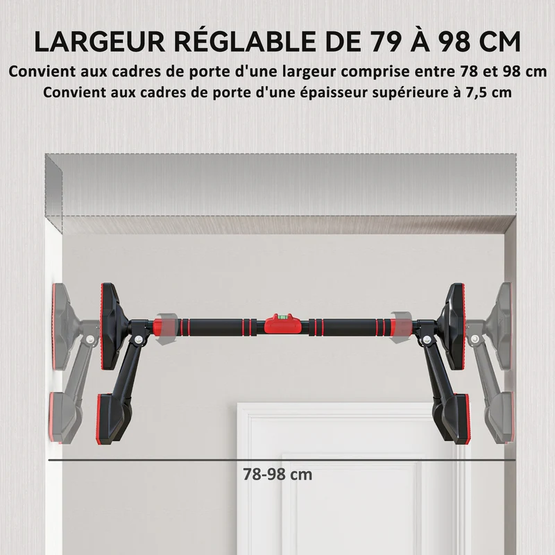 Barre de traction pour porte 80 à 110 x 14 x 28 cm ajustable et stable niveau intégré style industriel en métal noir 21_0006857