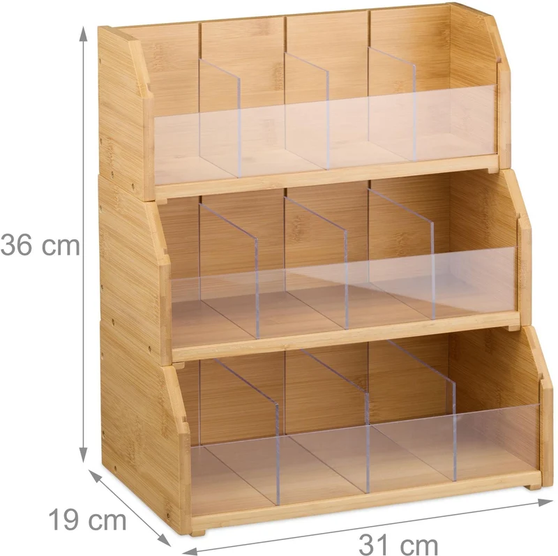 Organiseur à thé pratique 36 x 31 x 19 cm avec 12 compartiments en bambou naturel 13_0018497