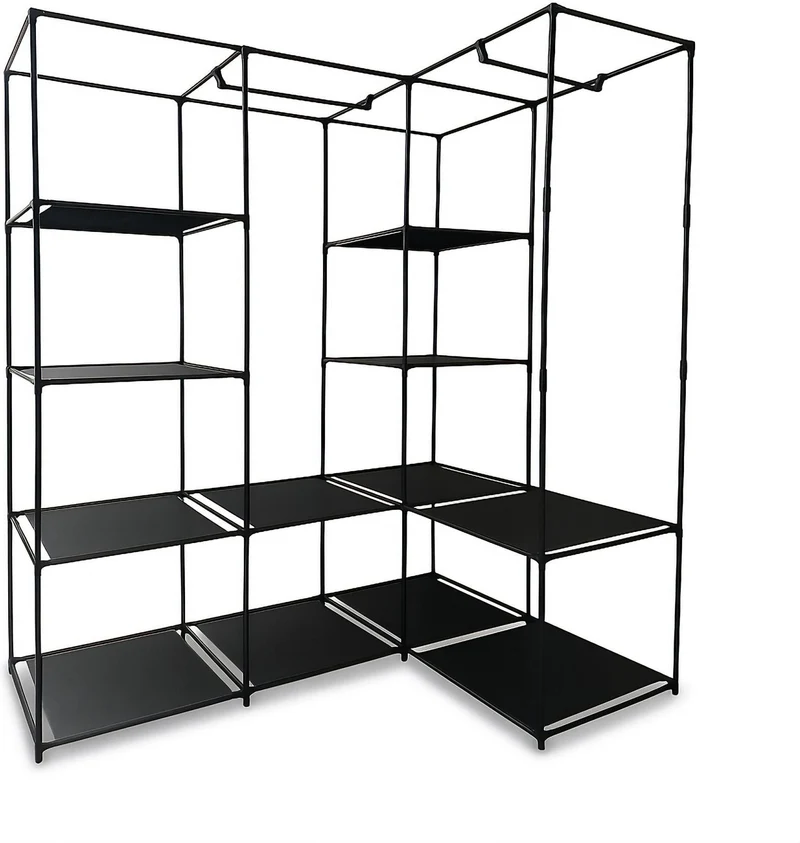 Armoire d'angle peu encombrante avec 12 étagères et 2 tringles 170 x 86 x 130 cm en acier noir 13_0018563
