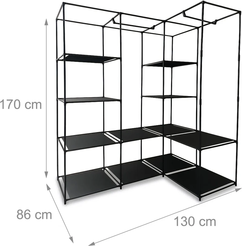 Armoire d'angle peu encombrante avec 12 étagères et 2 tringles 170 x 86 x 130 cm en acier noir 13_0018563