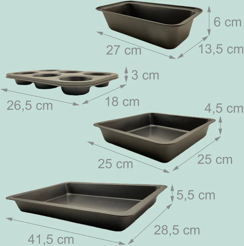 Lot de 4 moules à pâtisserie antiadhésifs pour gâteaux et plats à rôtir 3 x 26,5 x 18 cm en acier carbone gris foncé 13_0018589