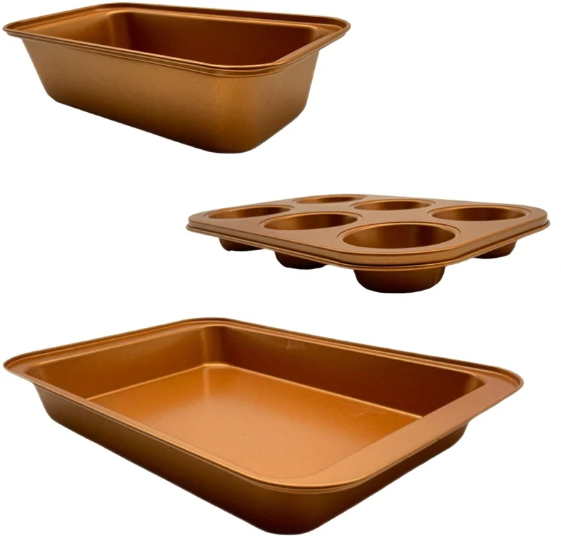 Lot de 3 moules à pâtisserie antiadhésifs polyvalents cuisine 3 x 26,5 x 18 cm 6 x 25 x 13 cm 5 x 37 x 25,5 cm en acier carbone cuivre 13_0018588