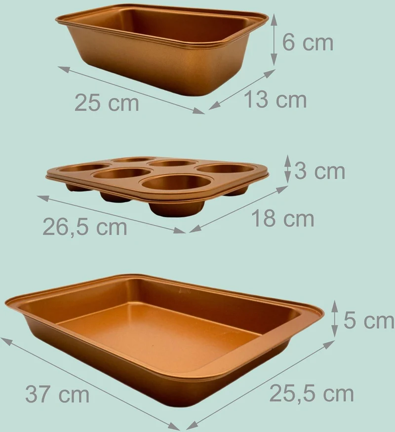 Lot de 3 moules à pâtisserie antiadhésifs polyvalents cuisine 3 x 26,5 x 18 cm 6 x 25 x 13 cm 5 x 37 x 25,5 cm en acier carbone cuivre 13_0018588