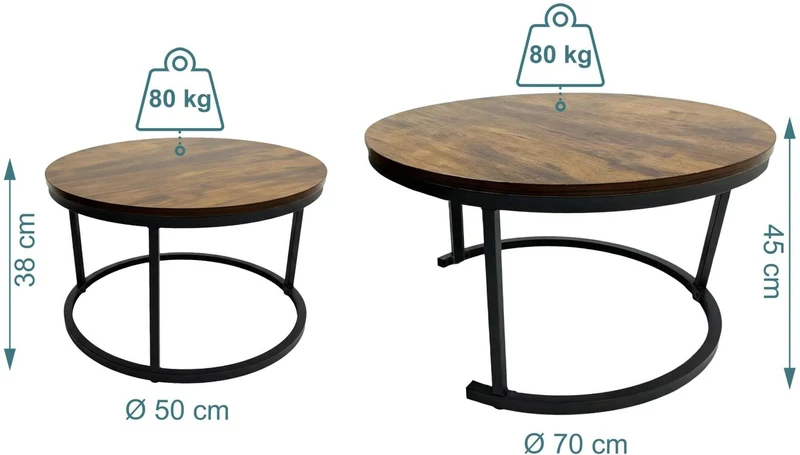 Lot de 2 tables gigognes pratiques design industriel 45 x 70 cm et 38 x 50 cm en bois composite noir 13_0018693