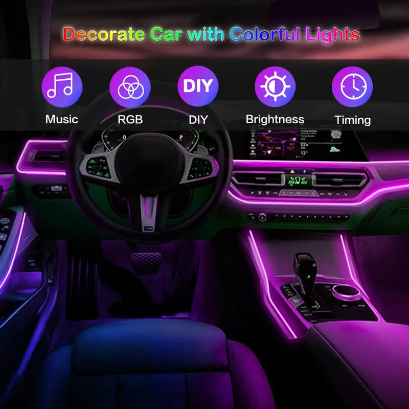 Kit Éclairage d'Ambiance LED RGB Intérieur Voiture Fibre Optique Télécommande