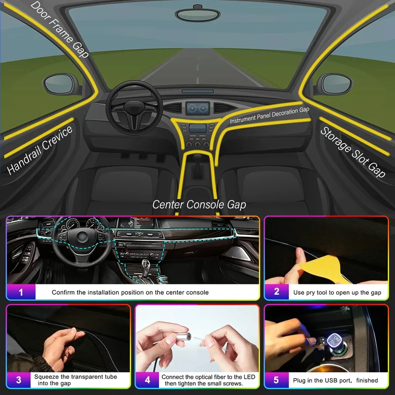Kit Éclairage d'Ambiance LED RGB Intérieur Voiture Fibre Optique Télécommande