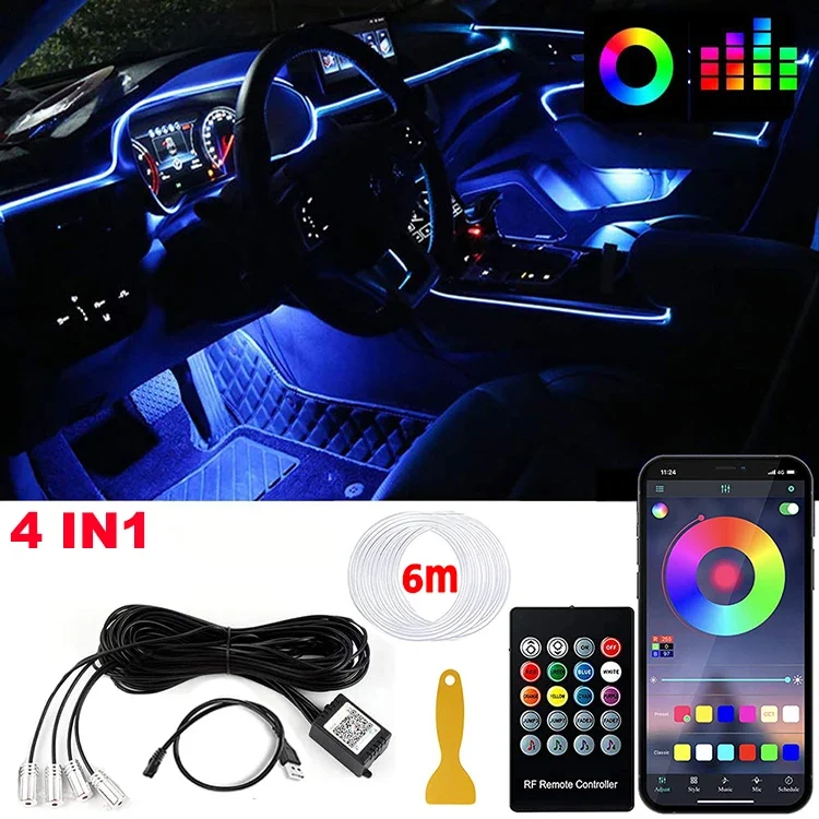 Kit Éclairage d'Ambiance LED RGB Intérieur Voiture Fibre Optique Télécommande