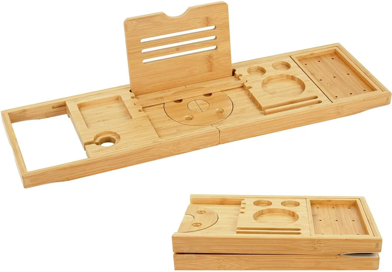 Support de baignoire extensible 3,5 x 70-105 x 22 cm avec porte-verre et rangement salle de bain en bambou naturel 13_0018596