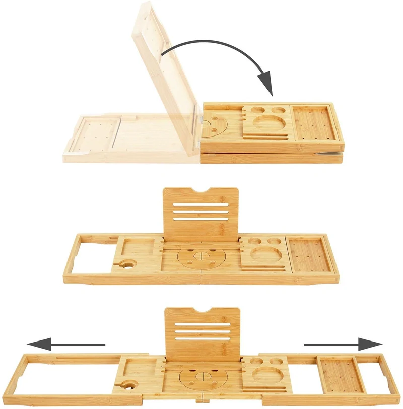 Support de baignoire extensible 3,5 x 70-105 x 22 cm avec porte-verre et rangement salle de bain en bambou naturel 13_0018596