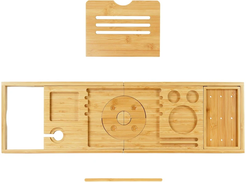 Support de baignoire extensible 3,5 x 70-105 x 22 cm avec porte-verre et rangement salle de bain en bambou naturel 13_0018596