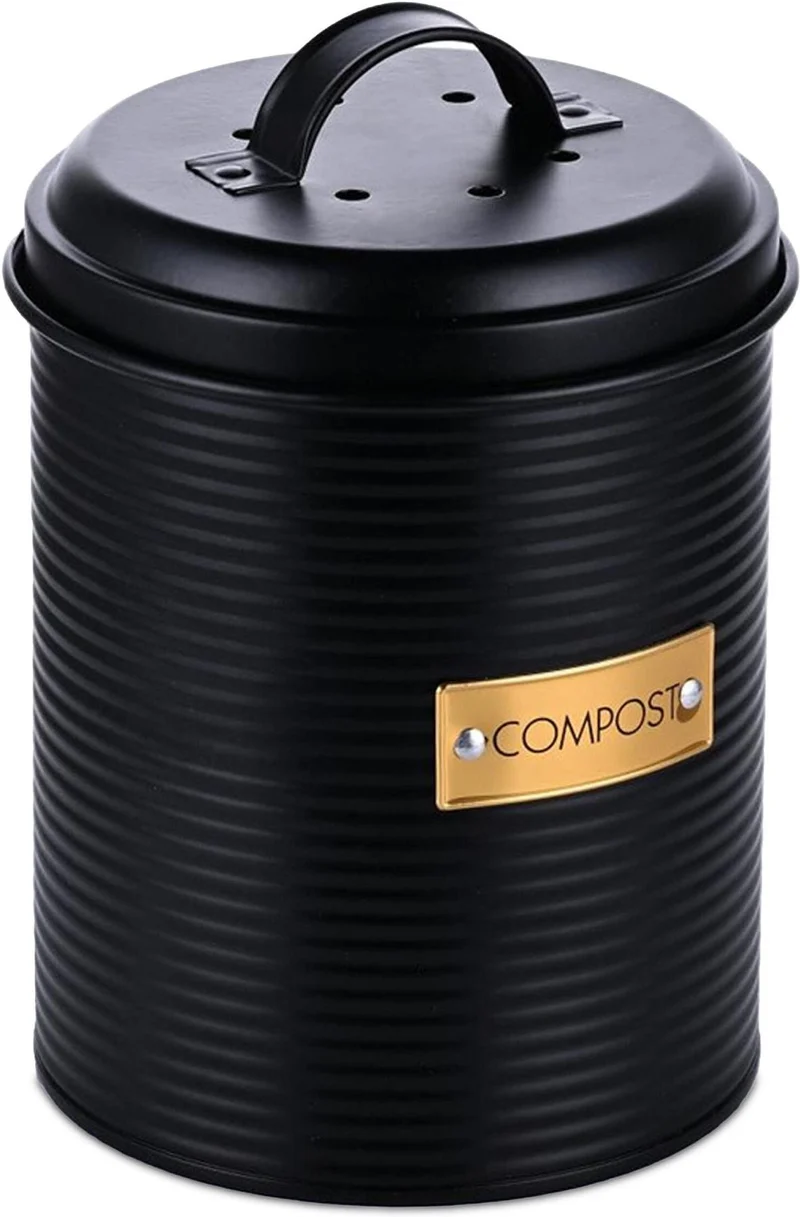 Seau à compost design moderne 21,5 x 14 cm avec circulation d'air optimale et filtre anti-odeur en acier noir 13_0018594