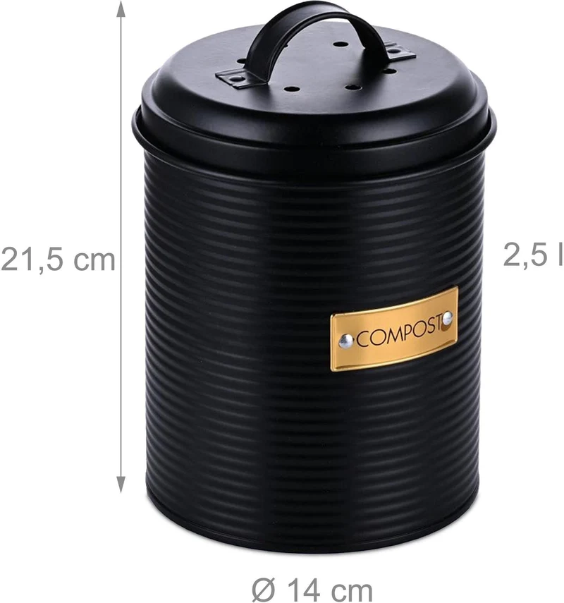 Seau à compost design moderne 21,5 x 14 cm avec circulation d'air optimale et filtre anti-odeur en acier noir 13_0018594