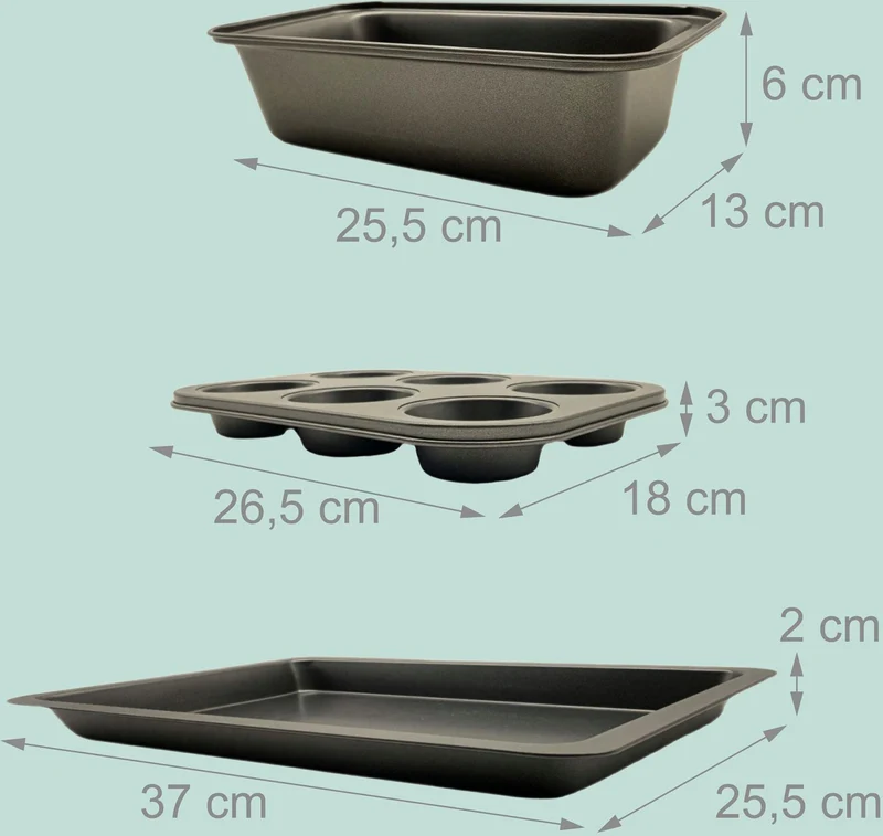 Lot de 3 moules à pâtisserie antiadhésifs pour gâteaux et rôtis 3 x 26,5 x 18 cm en acier carbone gris foncé 13_0018590