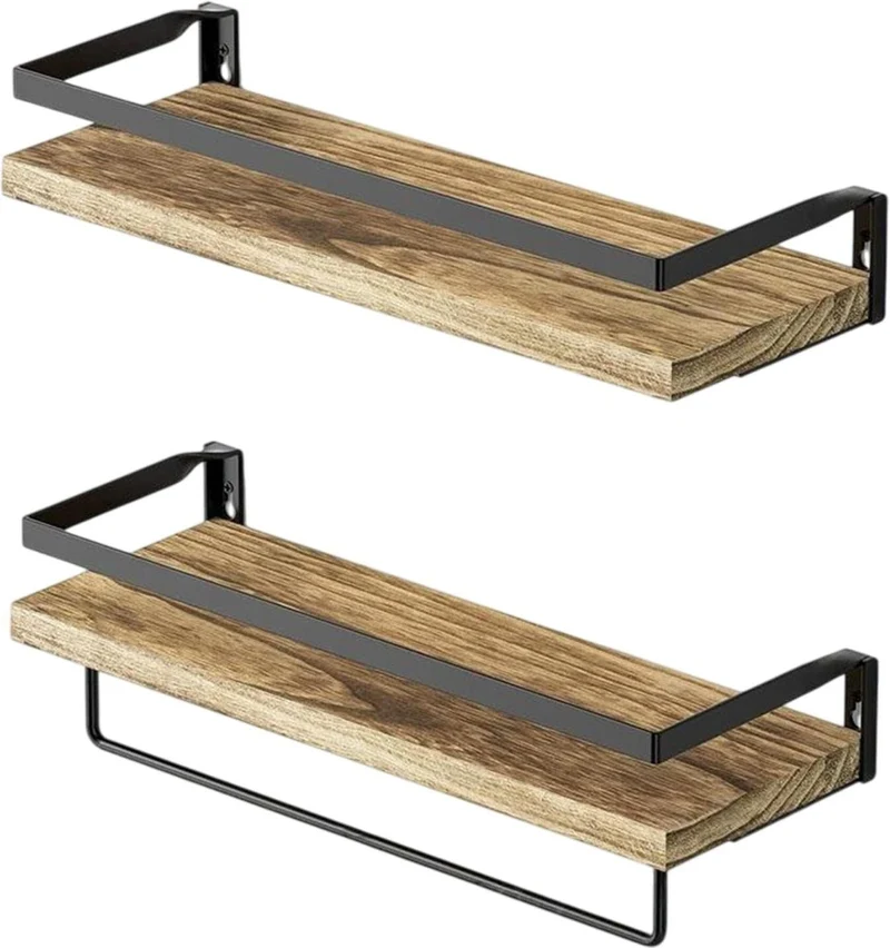 Lot de 2 étagères murales modernes style industriel 40 x 15 cm avec protection anti-chute pour rangement déco en bois noir 13_0018623