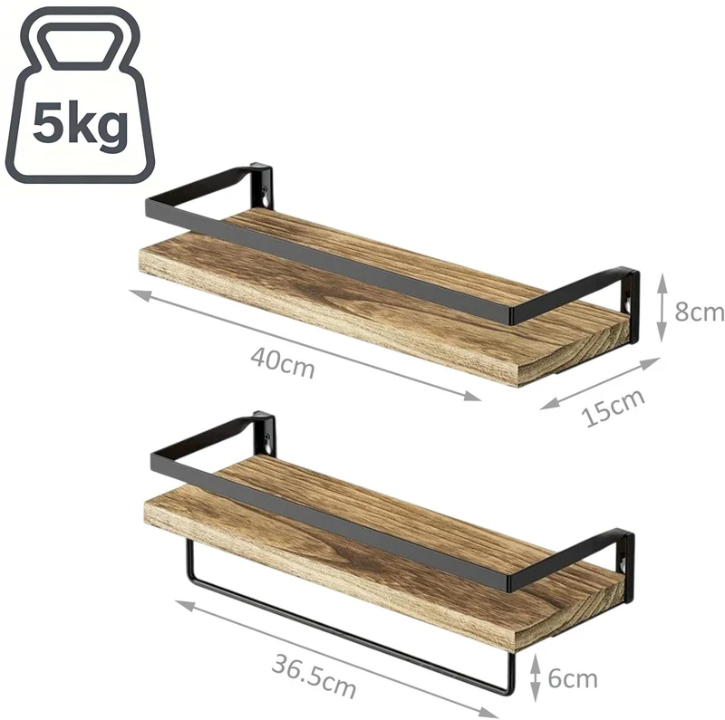 Lot de 2 étagères murales modernes style industriel 40 x 15 cm avec protection anti-chute pour rangement déco en bois noir 13_0018623