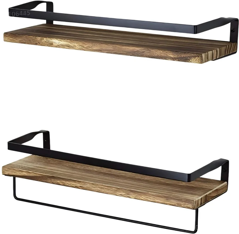 Lot de 2 étagères murales modernes style industriel 40 x 15 cm avec protection anti-chute pour rangement déco en bois noir 13_0018623