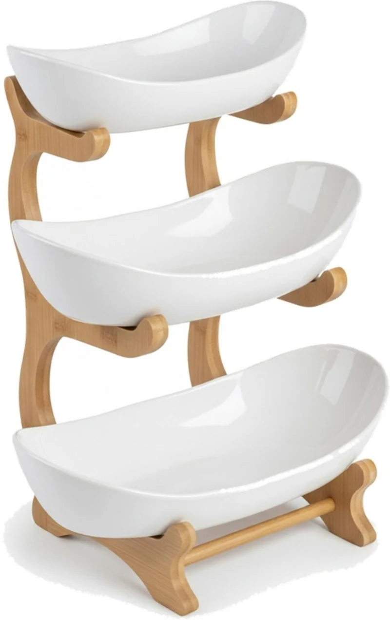 Présentoir à fruits 3 niveaux pratique cuisine design épuré 34 x 25 x 10 cm en bambou blanc 13_0018639