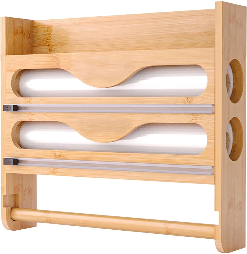 Support mural pour rouleaux de cuisine pratique 27 x 35 x 7 cm avec coupe-film et rangement optimisé en bambou naturel 13_0018635