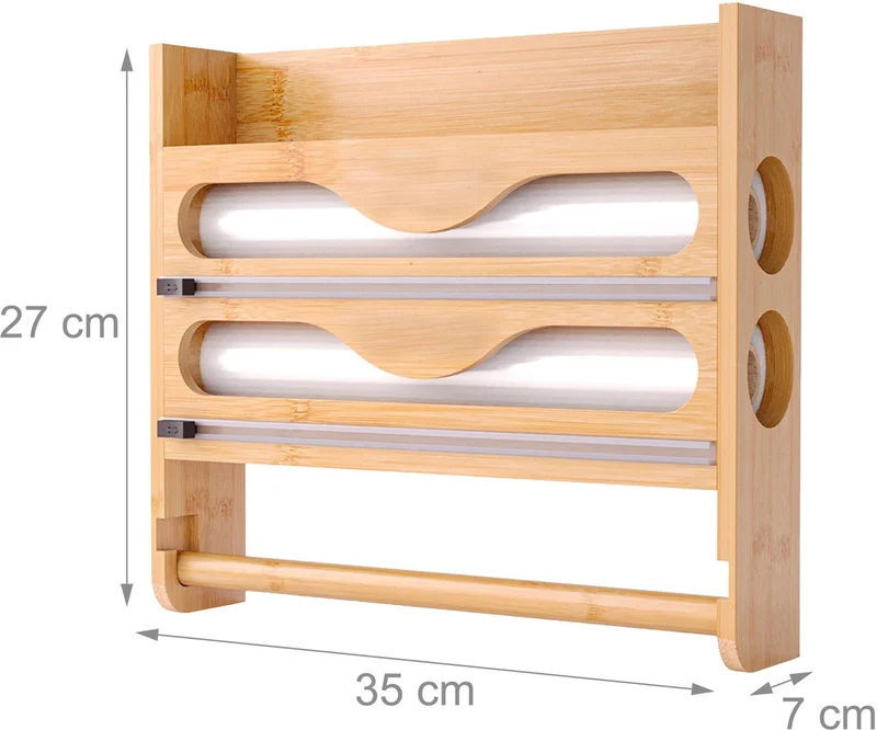 Support mural pour rouleaux de cuisine pratique 27 x 35 x 7 cm avec coupe-film et rangement optimisé en bambou naturel 13_0018635