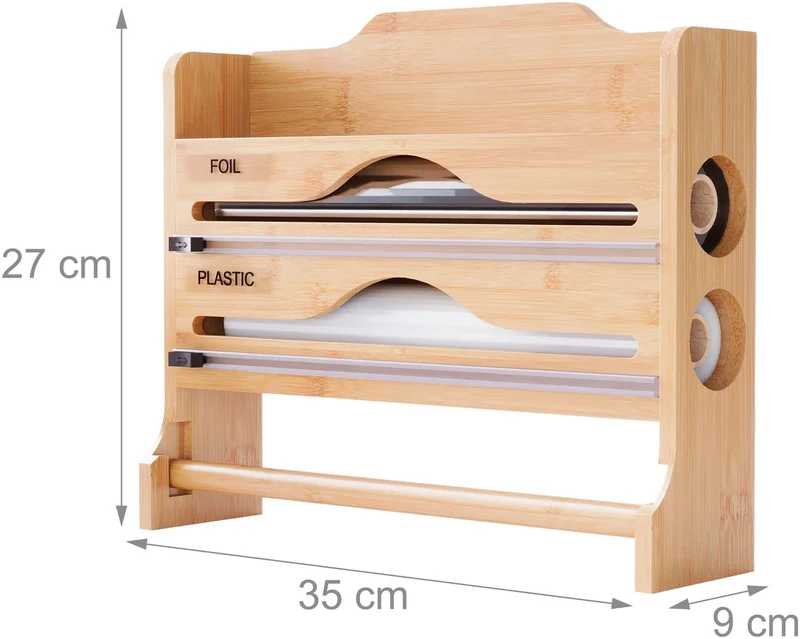 Support mural pour rouleaux de cuisine pratique 27 x 35 x 9 cm avec coupe-film design épuré en bambou nature 13_0018634