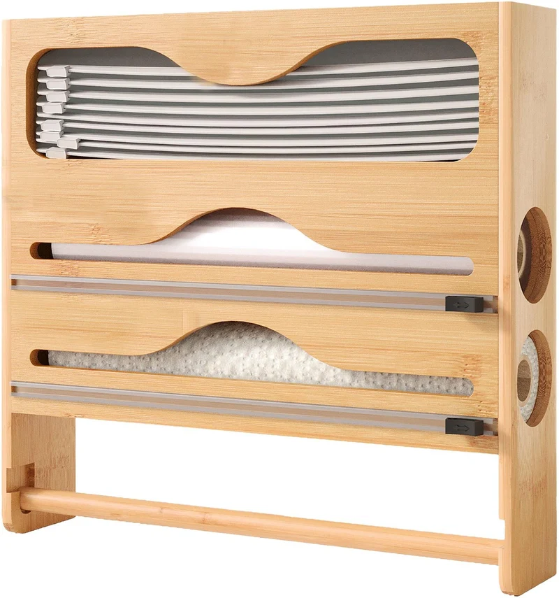 Support mural pour rouleaux de cuisine pratique rangement 33 x 34,5 x 7 cm en bambou naturel 13_0018633
