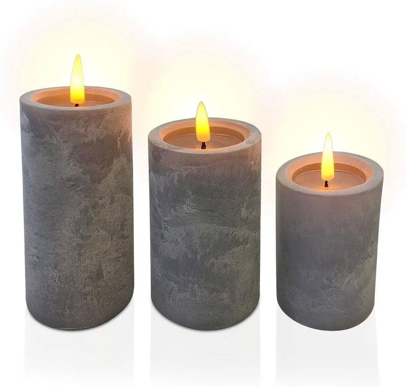 Lot de 3 bougies LED ambiance cosy moderne 12,5 x 7,5 cm 14,5 x 7,5 cm 16,5 x 7,5 cm en cire gris 13_0018631