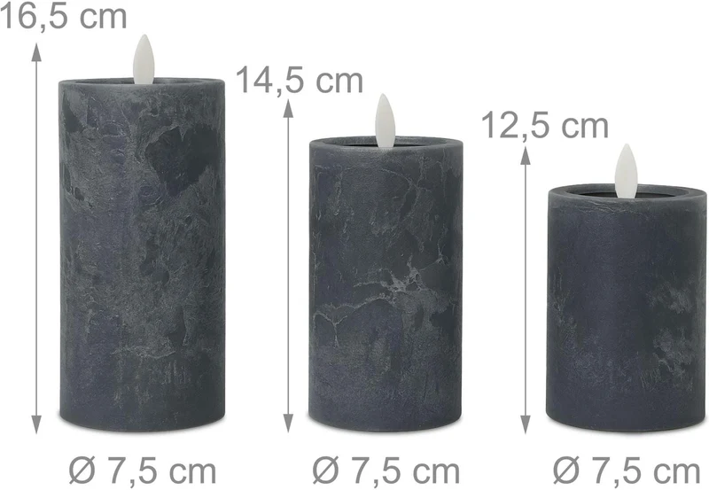 Lot de 3 bougies LED ambiance cosy moderne 12,5 x 7,5 cm 14,5 x 7,5 cm 16,5 x 7,5 cm en cire gris 13_0018631
