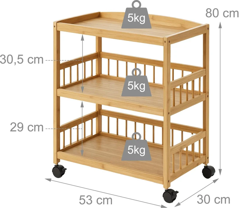 Chariot de cuisine étroit 80 x 53 x 30 cm 3 étagères pratiques ambiance chaleureuse en bambou naturel 13_0018681