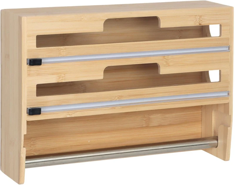 Porte-rouleaux mural pratique cuisine avec coupe-film intégré 25 x 37 x 10 cm en bambou bois naturel 13_0018674