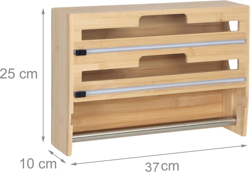 Porte-rouleaux mural pratique cuisine avec coupe-film intégré 25 x 37 x 10 cm en bambou bois naturel 13_0018674