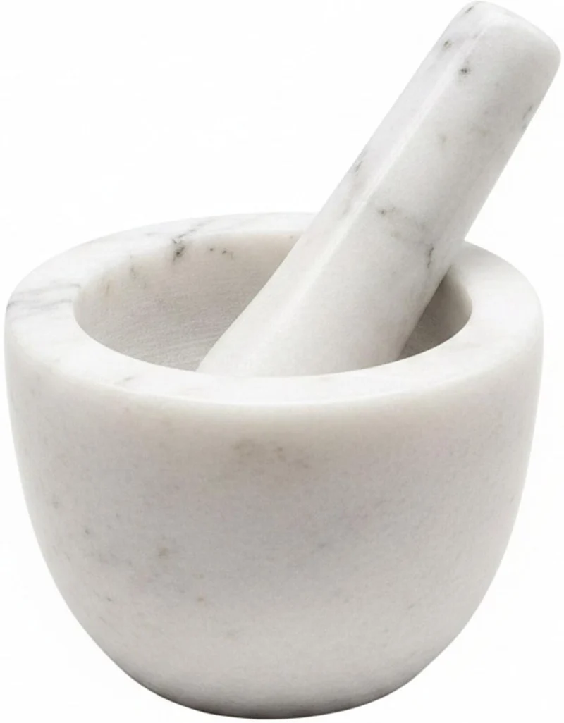 Mortier à épices rond 8 x 10 cm avec pilon efficace design moderne cuisine en marbre blanc 13_0018659