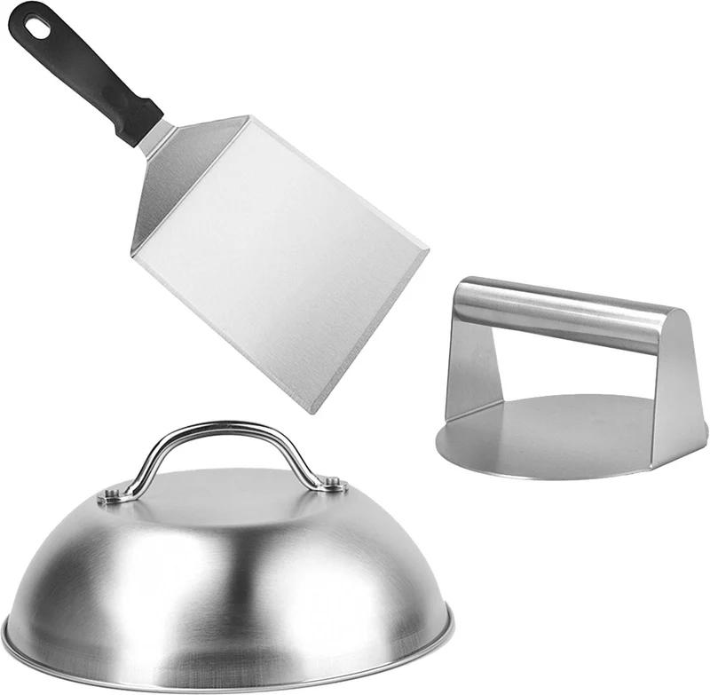 Lot de 3 accessoires pour hamburgers barbecue presse spatule cloche cuisson 7 x 22 x 14 cm en acier inoxydable noir 13_0018658